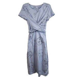 Find Womens Midi Dress XL Blue Novelty Face Print Short Sleeve Artsy Casual